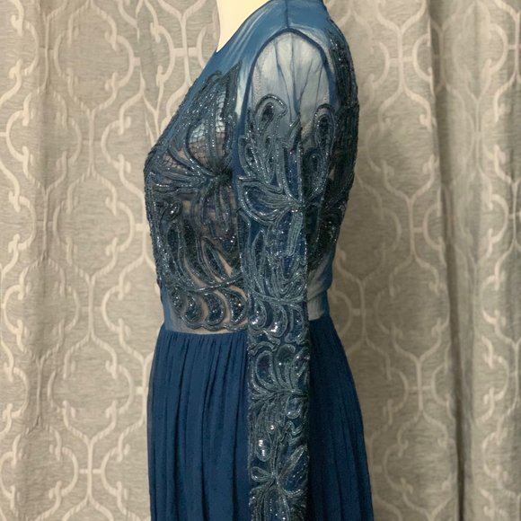 NWT Elie Saab Peacock Blue Sequin Beaded Long Sleeve Gown Dress, Sz 36 - Picture 6 of 14